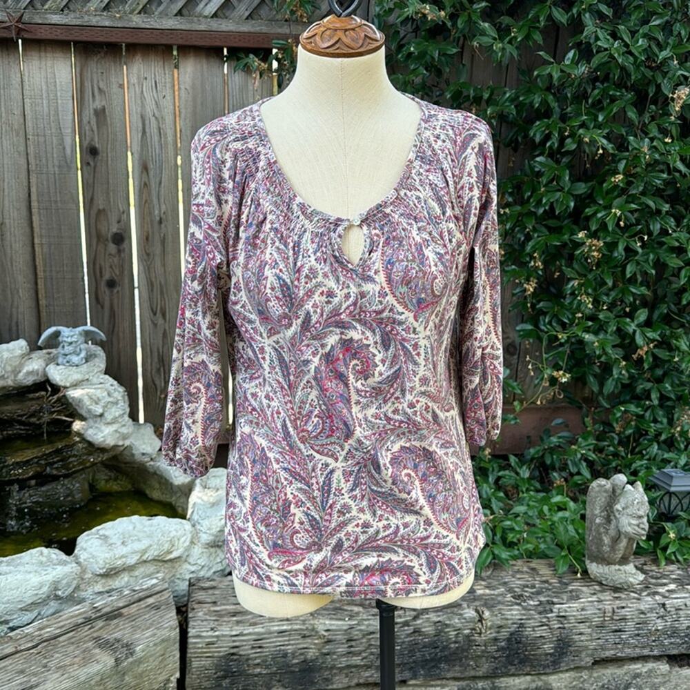 Lauren Jeans Tan Paisley Cotton Knit Smocked Neck Keyhole Top Petite Small